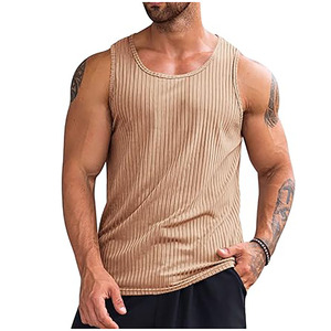 Camiseta sin mangas acanalada para hombre – Camiseta deportiva elástica sin mangas – Chaleco informal transpirable de corte ajustado para entrenamiento de verano y fitness - Product Image 1