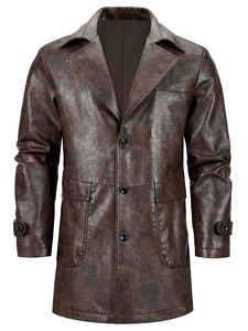Blouson long en cuir noir pour homme, coupe ajustée, col rabattu, simple boutonnage, grande taille, style motard, hiver, anti-plis, en cuir de mouton - Product Image 3