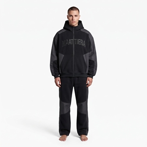 Mens <b>Black</b> Color Block Tracksuit Set <b>Zip</b> Up <b>Hoodie</b> Jogger Pants Custom Streetwear Sportswear Matching Outfit - Product Image 1