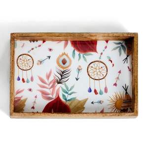 Plateau décoratif à imprimé feuilles botaniques d'automne, plateau de service en bois finition noire avec poignées courbées pour commande en gros - Product Image 2