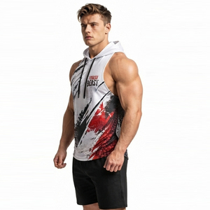OEM Custom Logo <b>Men</b> Printed Hooded Tank Top Gym Wear Quick Dry Sleeveless Hoodie <b>Men</b> Racerback Workout Wear <b>Singlet</b> Top - Product Image 3