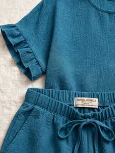 <b>Women's</b> <b>2</b> <b>Piece</b> Shorts Set Ruffle Sleeve Crew Neck Top Drawstring Casual Summer <b>Outfit</b> - Product Image 2