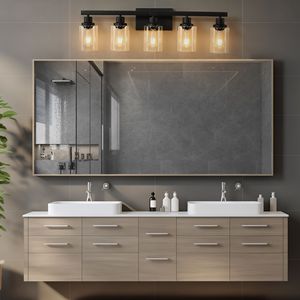 Applique da Parete Industriale Moderna Nera da 31 Pollici a 5 Luci per Bagno con Paralumi in Vetro Trasparente, Specchio e Illuminazione per Vanità - Product Image 2