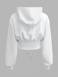 Sudadera Corta con Capucha para Mujer, Color Sólido, Elegante, Blanca, Manga Larga, con Cordones Delanteros, Estilo Casual, Tejido de Algodón para Otoño - Product Image 2
