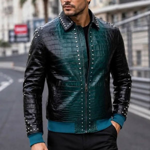 Premium Men <b>Rhinestone</b> Winter Leather <b>Jacket</b> Motorcycle Biker Zip Front Stand Collar Warm Street Fashion Outerwear - Product Image 2