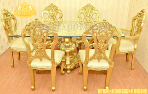 Ensemble de table à manger en teck moderne sculpté à la main de style européen, finition dorée, 8 places - Product Image 2