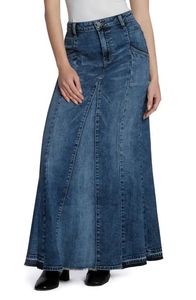 Jupe longue en jean taille haute pour femme, coupe trapèze, couleur unie, boutonnée sur le devant, décontractée, coupe ample, en tissu de coton délavé, style printemps - Product Image 2