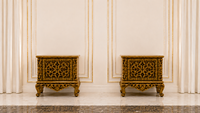 Ensemble de meubles de lit en teck de luxe moderne, taille standard, personnalisable, avec lit à baldaquin doré richement sculpté, tables de chevet et quatre meubles de maison