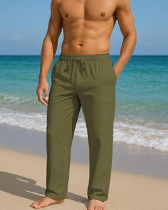 Pantalon large en lin vert olive pour homme, taille élastique avec cordon de serrage, décontracté, été, avec poches latérales, léger et respirant - Product Image 2