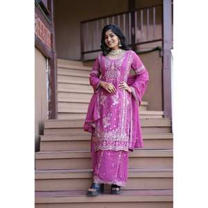 Conjunto Kurti Plazzo Bordado Mujer Con Borde De Encaje Para Fiestas - Product Image 2