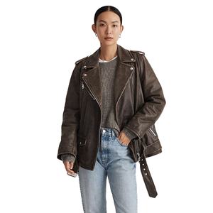 Chaqueta de piel de oveja estilo motorista para mujer de alta calidad personalizada 2024 primavera invierno bolsillos interiores de gran tamaño tela estampada bordada - Product Image 1