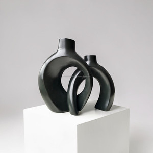 AG Elements Black Ceramic <b>Vase</b> <b>Set</b> for Cabinet Display Decor Glossy Glazed Abstract Sculptural Scandinavian Minimalist Modern - Product Image 1