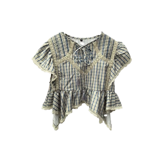Blusa de Algodón a Cuadros para Mujer con Ribete de Encaje, Manga con Volantes, Cuello en V, Corte Holgado, Estilo Prairie Chic, Ropa Casual de Primavera/Verano - Product Image 4