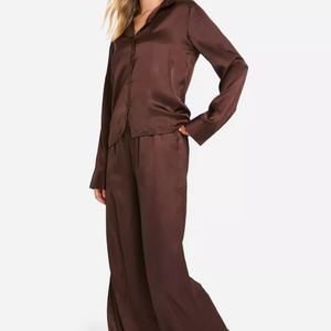High-quality Women's Solid Stitching Thermal Breathable Soft <b>Summer</b> 100% Silk Velour Long Sleeve <b>Pyjamas</b> Suite Set Drawstring - Product Image 4