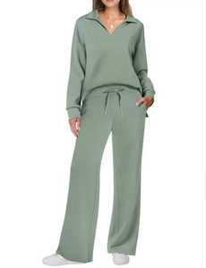 Conjunto Deportivo de Mujer de Color Sólido, Pantalones Largos con Cordón, Cuello Camisero, Manga Larga, Ropa Casual Transpirable de Algodón para Otoño - Product Image 1