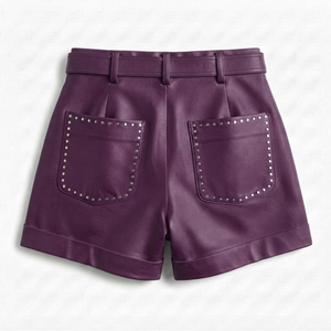 High Waist Purple <b>studded</b> leather Shorts With Rivet Details And <b>Belt</b> Closure Casual Style - Product Image 4