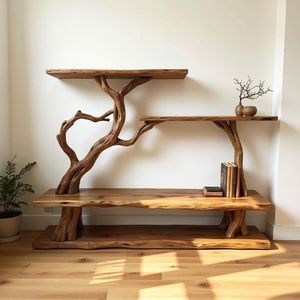ชั้นวางหนังสือไม้เนื้อแข็งสไตล์รัสติกแบบธรรมชาติ ทำด้วยมือจากกิ่งไม้ธรรมชาติพร้อมขอบไม้ธรรมชาติ - Product Image 1