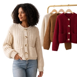 Pull en maille côtelée ajusté pour femme, col rond, basique, doux, extensible, manches longues, cardigan décontracté d'hiver pour femmes - Product Image 1