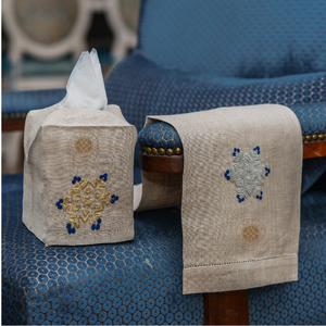Blue floral snowflake embroidery on <b>linen</b> <b>set</b>. Reusable decor for elegant seasonal bathrooms. - Product Image 1