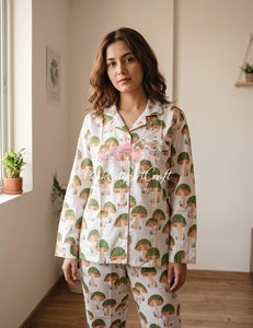 Elegant Loungewear Coordinated Printed Night Suit Set Soft Breathable Fabric Button-<b>Down</b> Shirt and Matching Straight-Fit <b>Pants</b> - Product Image 4