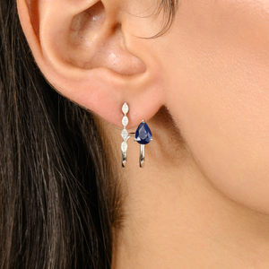 14K White Gold Modernist Blue Sapphire Diamond Huggie <b>Earrings</b> - Product Image 1
