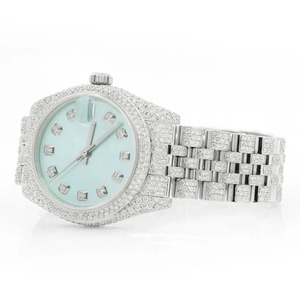 Montre de haute qualité avec diamants ronds, or blanc, moissanite, cadran bleu ciel personnalisé, entièrement pavée de diamants, pour homme et femme - Product Image 3