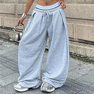Pantalon de danse décontracté sportif ODM pour femme, gris automne, coupe ample, taille haute, jambe large, rayé, style hip-hop, nouveau style américain rétro - Product Image 5