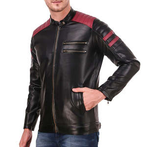 Veste en cuir véritable noire de haute qualité pour homme, fermeture éclair, logo personnalisé, manches longues, poches latérales, coupe ample. - Product Image 1