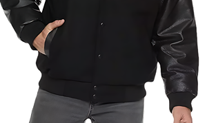 Blouson universitaire streetwear personnalisé pour homme, col montant, mélange de laine, manches en PU, bordure côtelée, fermeture à boutons-pression, devant en toile - Product Image 2