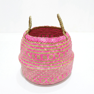 New Design Durable Circle Palm Leaf Belly <b>Basket</b> Pink Woven Eco-Friendly Storage Bin <b>Foldable</b> Plant Pot with Handle - Product Image 6