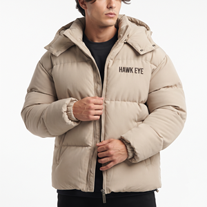 Trendy Beige Color Men's Winter Padded Outerwear Jacket Hooded Quilted Full Zip Insulated Warm Coat Casual Outdoor Regular Fit - Product Image 3