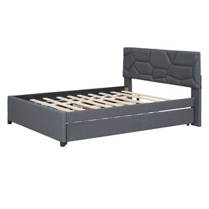 Letto matrimoniale imbottito con testiera in tessuto di lino grigio con motivo a mattoni e letto estraibile singolo con 2 cassetti - Product Image 6
