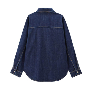 Camisa de Mezclilla para Mujer, Blusa de Manga Larga con Botones, Top Informal de Corte Regular, Azul, Elegante, con Bolsillos, Estampado, Transpirable, para Verano - Product Image 5