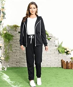 Ensemble de survêtement noir à capuche pour femme, sweat-shirt décontracté à manches longues de couleur unie avec pantalon à cordon de serrage, poches latérales, fermeture éclair - Product Image 5
