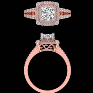 Bague de fiançailles carrée en or rose à double halo avec diamant central rond et bande pavée à double sangle pour femme, bijoux de mariée - Product Image 2