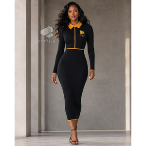NCBW Women's <b>Black</b> <b>Bodycon</b> Midi <b>Dress</b> With Contrast Golden Polo Collar Quarter Zip <b>Long</b> <b>Sleeve</b> Fitted Casual <b>Dress</b> - Product Image 5