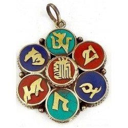 Colgantes Hindúes Om con Incrustaciones de Turquesa, Unisex, Religiosos, de Aleación de Latón y Cobre, Plateados en Plata Antigua, con Diseño Floral, para Fiestas - Product Image 3