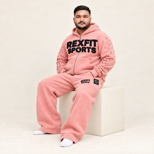 Conjunto Deportivo REXFIT para Hombre, Sudadera con Capucha de Felpa Rosa, Ropa Casual de Otoño, Cierre Frontal con Logotipo Impreso, Conjunto Deportivo Personalizado - Product Image 1