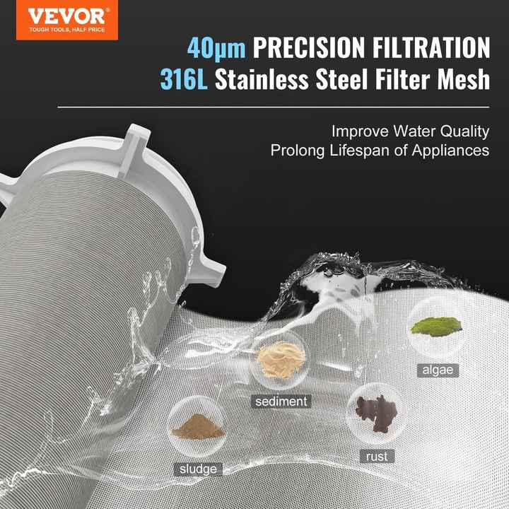 High Flow Rate 40 Micron Spin Filter Whole House Sediment Water Filter for Well Water 1\" MNPT + 3/4\" FNPT 8 T/H"