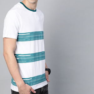 T-shirt en coton blanc à col rond et manches courtes pour homme, motif rayé, coupe classique, jersey tricoté décontracté - Product Image 6