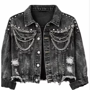 Veste en jean décontractée pour femmes, manteau surdimensionné en jean imprimé léopard et étoiles, unique et vintage avec poches - Product Image 1