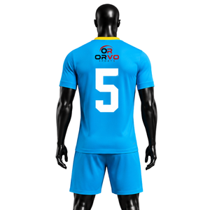 ORVO Men's Blue Yellow <b>Soccer</b> Jersey Short Sleeve V-Neck Uniform with Number 5 Custom Logo & Customizable Design Polyester - Product Image 2