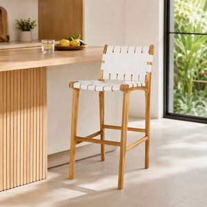 Tabouret de bar moderne en bois avec assise et dossier en similicuir tressé blanc, design scandinave, mobilier pour la maison - Product Image 1