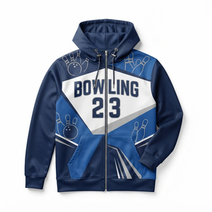 Sweat-shirt à capuche unisexe personnalisé pour le bowling, bleu et blanc, impression par sublimation, fermeture éclair, poche avant, coupe ample, vêtements de sport d'hiver - Product Image 1