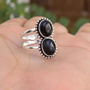 Bague en argent massif 925 avec double pierre d'onyx noir pour femme, bague de créateur - Product Image 4