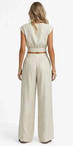 Ensemble 2 pièces pour femme, haut court à manches courtes beige uni et pantalon long à jambes larges taille haute, tenue décontractée d'été - Product Image 6