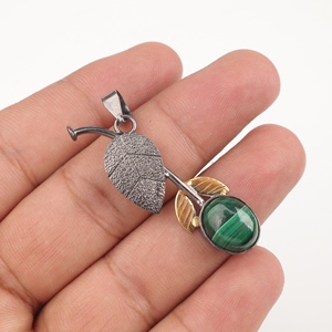 Pendentifs authentiques en argent sterling 925 avec pierre précieuse naturelle en malachite, cristal vert, coupe ovale, pendentif en laiton, bijoux de mode en gros - Product Image 2