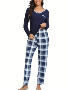 Women's Long-Sleeve V-Neck Animal Print Pajama Set Soft 100% Cotton Breathable Luxury Spring Drawstring Closure Jersey Fabric - Product Image 4