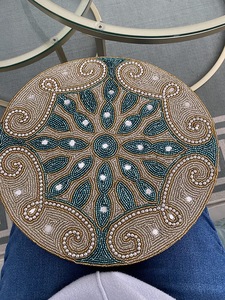 handcrafted beaded placemat Beaded Christmas Bows Placemat Charger Patriotic Americana Round Beaded Placemat Centerpiece - Product Image 1