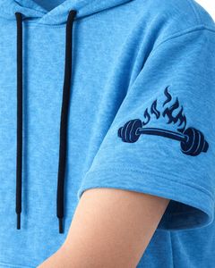 Haut à capuche bleu à manches courtes pour homme, décontracté, imprimé, léger, en mélange de coton, avec poche kangourou, idéal pour la gym et le streetwear estival - Product Image 5